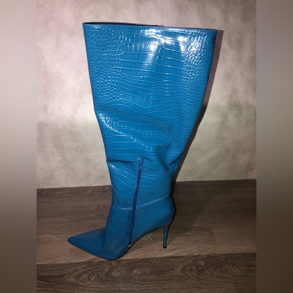 Go Wide Fit Blue Knee High Pointed Toe Stiletto Croc Boots Public Desire New - Picture 5 of 9